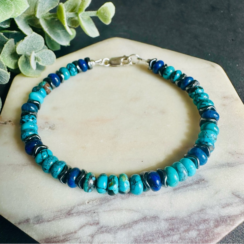 Custom order Turquoise and Lapis Lazuli two Bracelets Sterling Silver - Picture 3 of 6